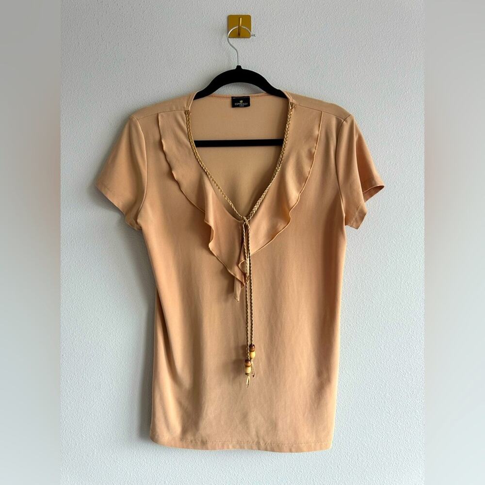 Vintage y2k Ruffle Beaded Tie Top Beige Boho Fairy Grunge Cottagecore Size L